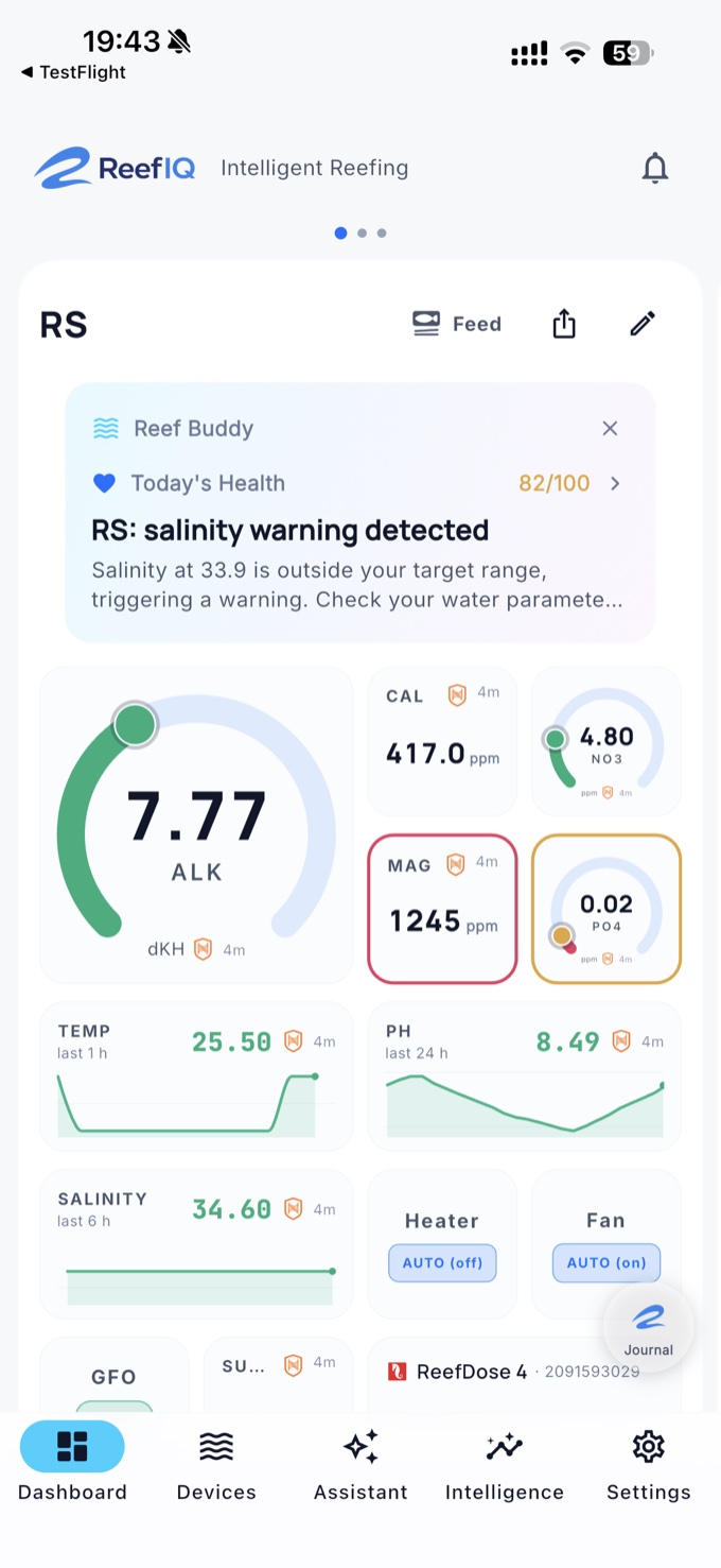 ReefIQ app dashboard showing live water-chemistry parameters